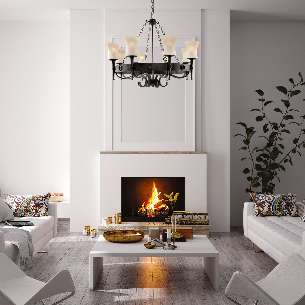 Searchlight Electric Cartwheel 8Lt Pendant - Black Metal & Sanded Glass 0818-8BK