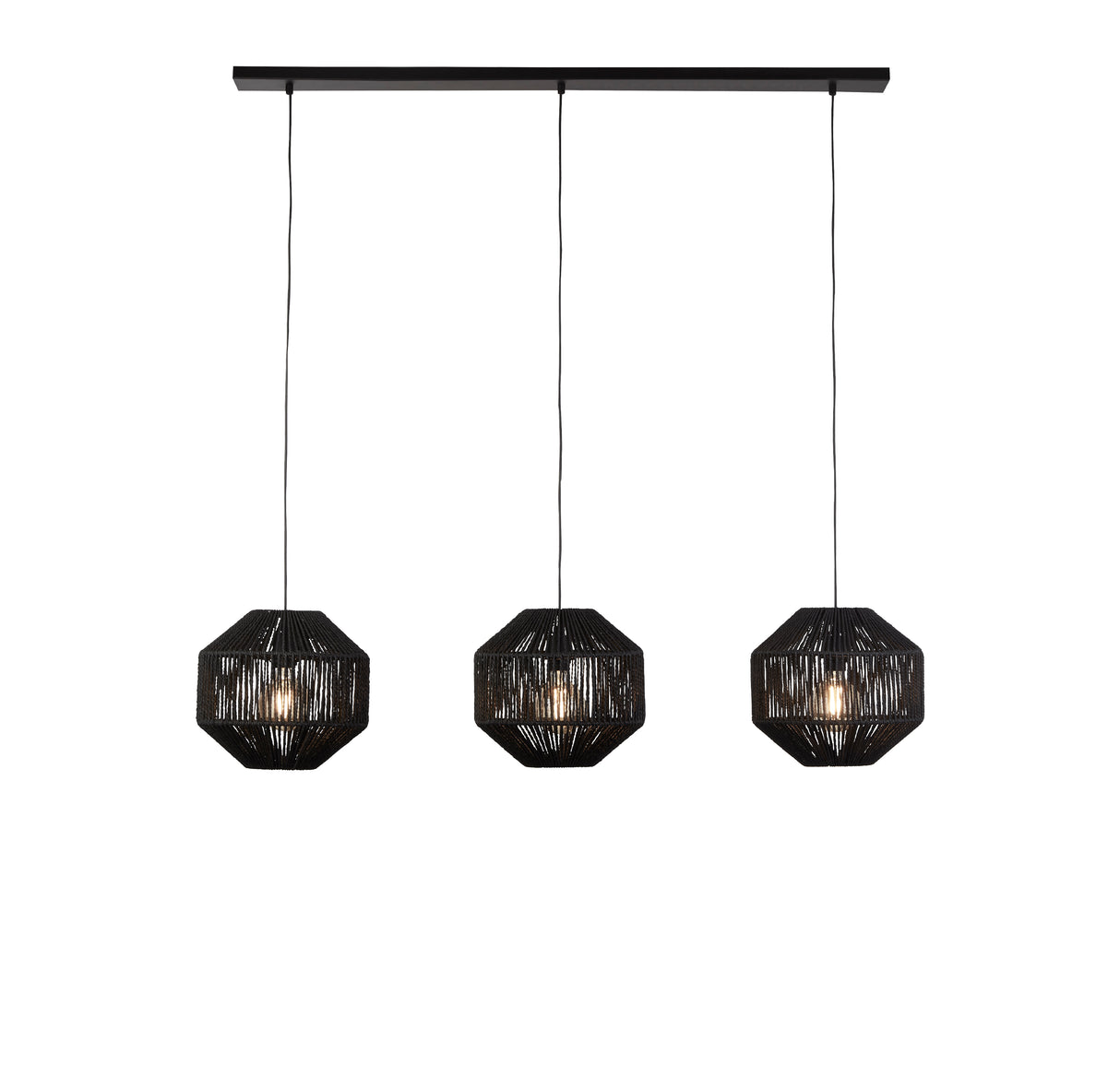 Wicker 3Lt Bar Pendant - Matt Black Metal & Black Rope Shade