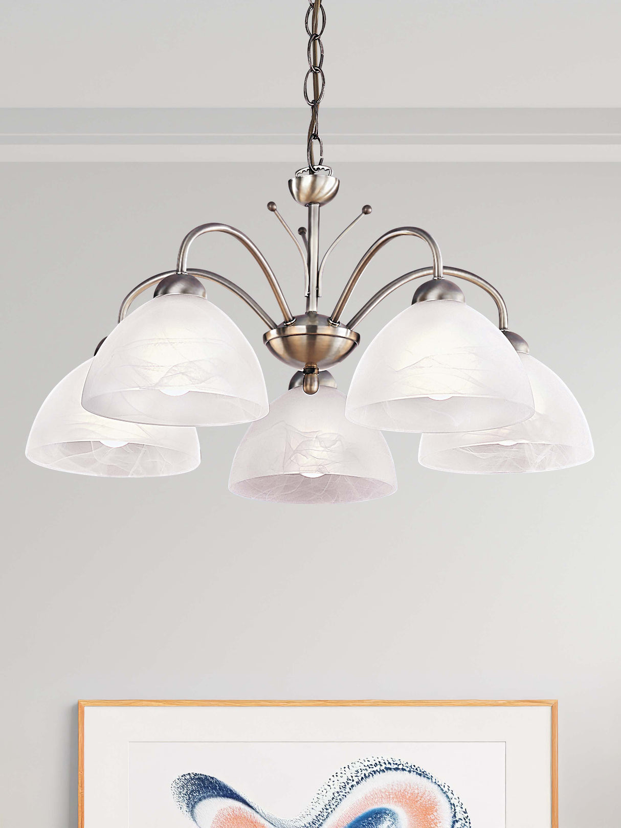 Searchlight Electric Milanese 5Lt Pendant - Antique Brass Metal & Alabaster Glass 1135-5AB