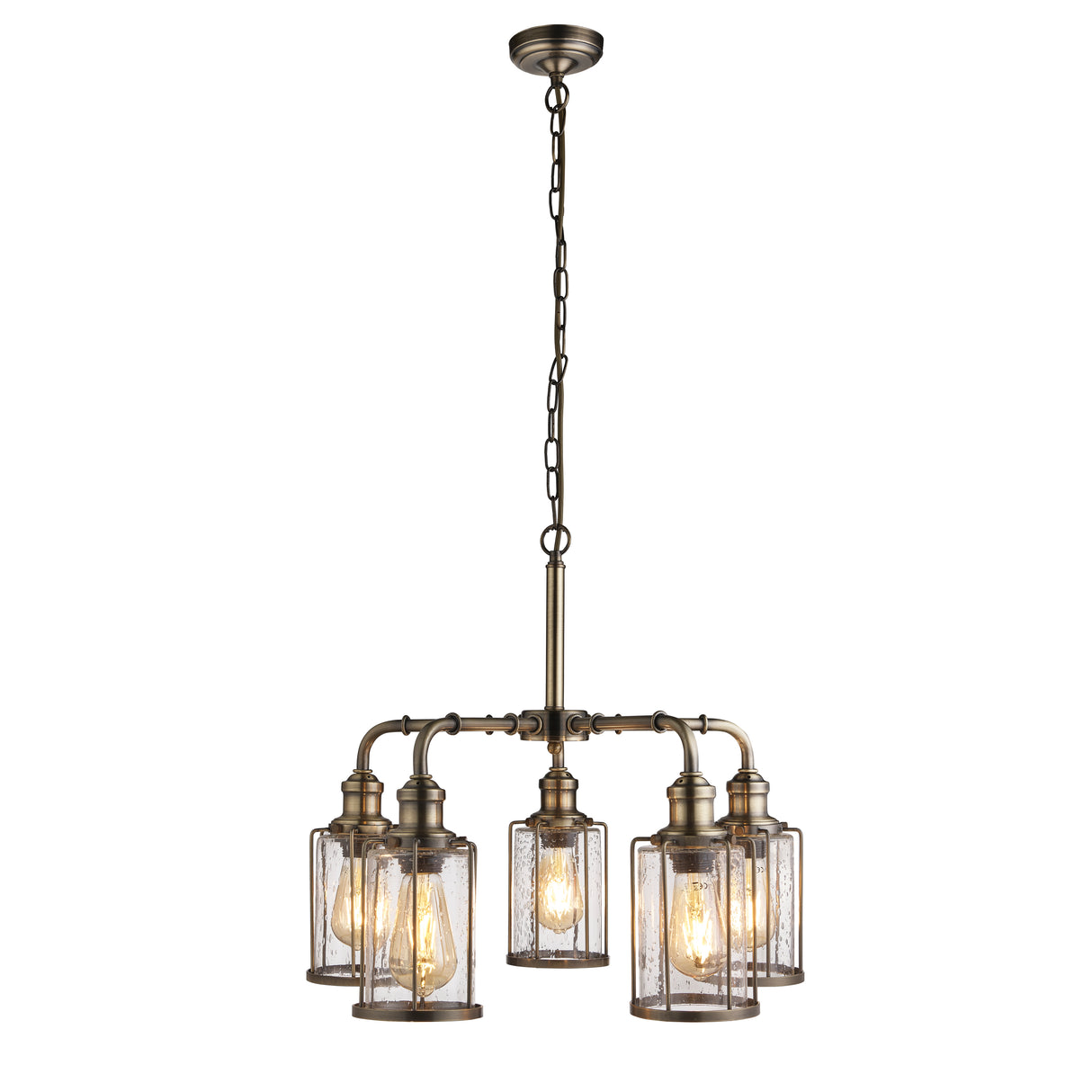 Pipes 5Lt Pendant - Antique Brass Metal & Seeded Glass
