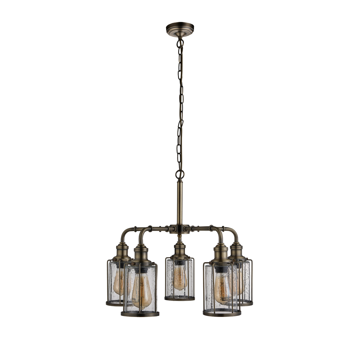 Searchlight Electric Pipes 5Lt Pendant - Antique Brass Metal & Seeded Glass 1265-5AB