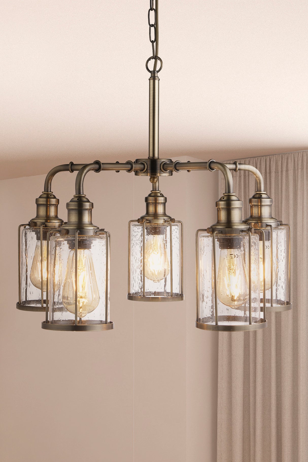 Searchlight Electric Pipes 5Lt Pendant - Antique Brass Metal & Seeded Glass 1265-5AB