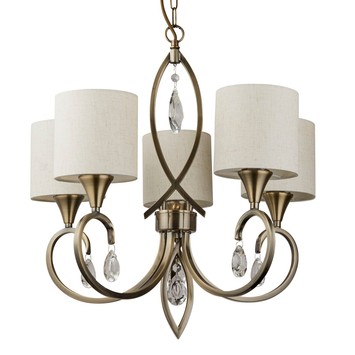 Searchlight Electric Alberto 5Lt Pendant - Antique Brass, Crystal & Linen Shade 1605-5AB