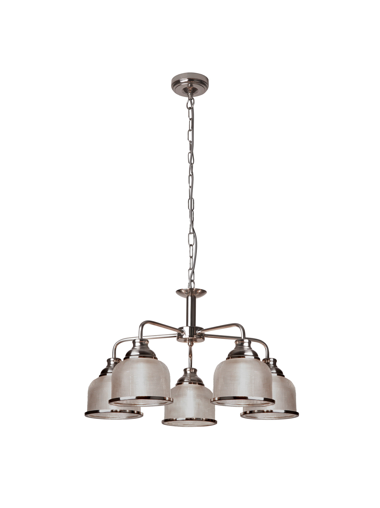 Searchlight Electric Bistro II 5Lt Pendant- Satin Silver & Holophane Style Glass 1685-5SS