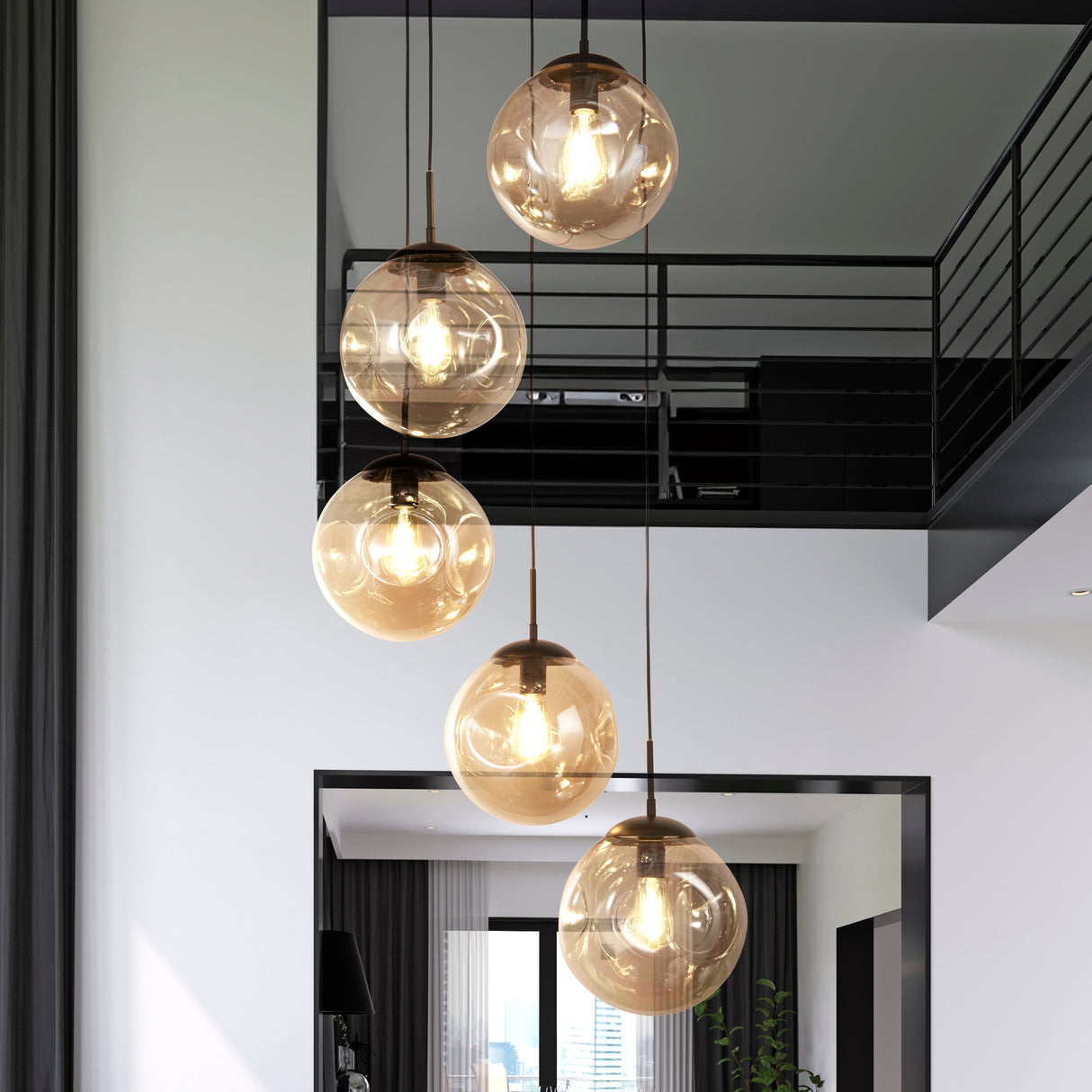 Searchlight Electric Punch 5Lt Multi-Drop Pendant - Black Metal & Champagne Punched Glass 22123-5BK