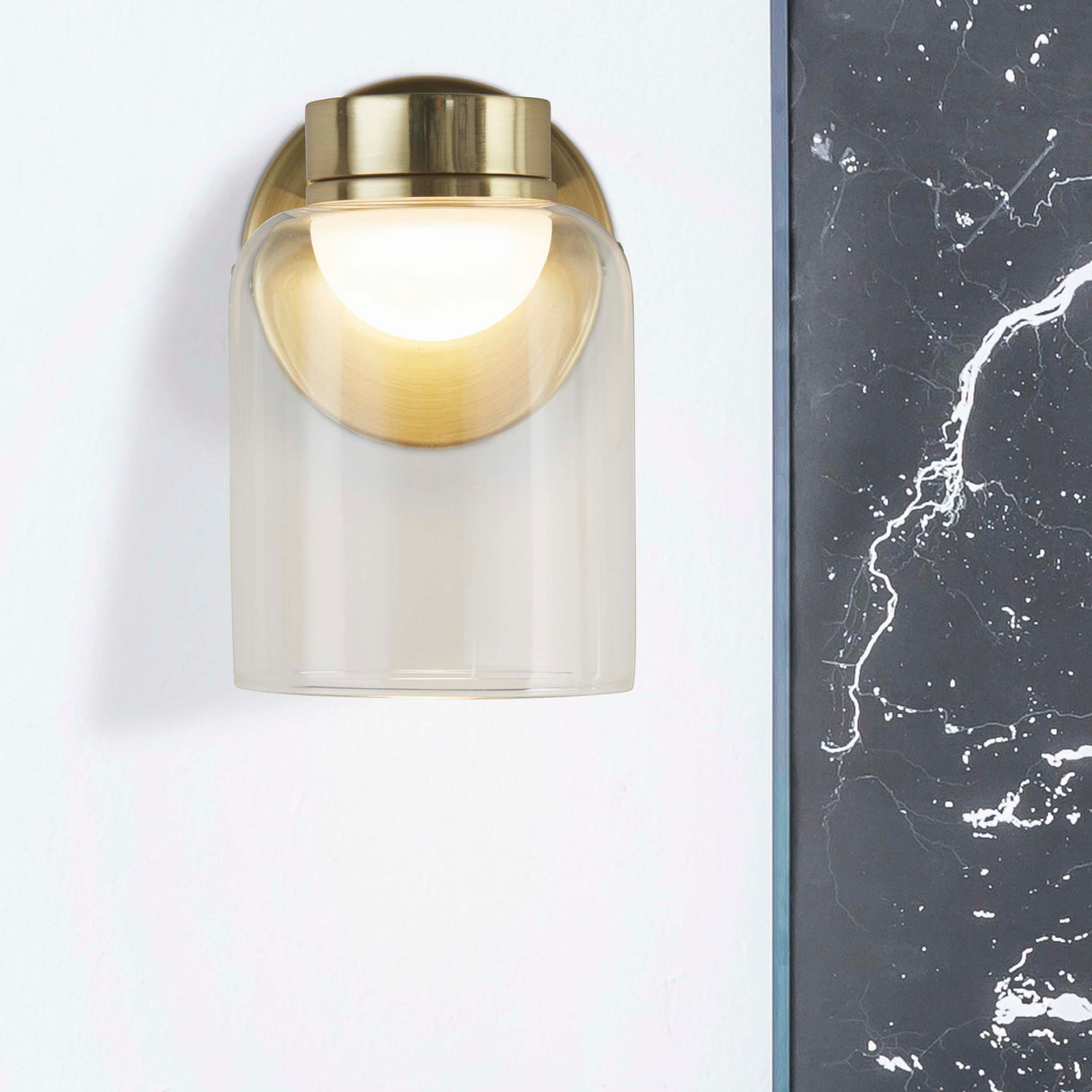 Searchlight Electric Highball LED Wall Light, Satin Brass & Clear Glass IP44 23083-1SB
