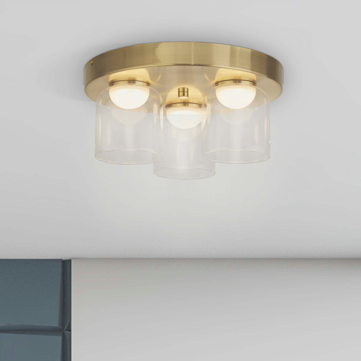 Searchlight Electric Highball LED 3Lt Flush , Satin Brass & Clear Glass IP44 23083-3SB
