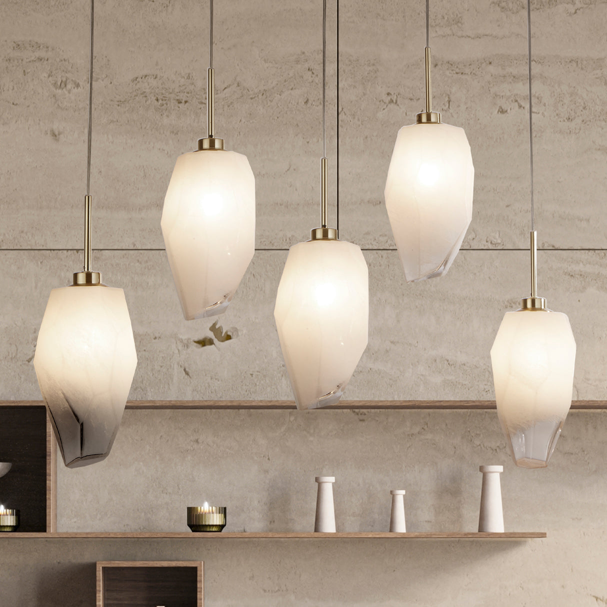 Searchlight Electric Rocky 5Lt Bar Pendant, Satin Brass Metal & Glass 23145-5SB