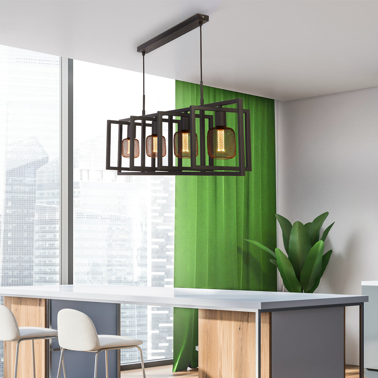 Searchlight Electric Plaza 4Lt Pendant - Matt Black Metal 23203-4BK