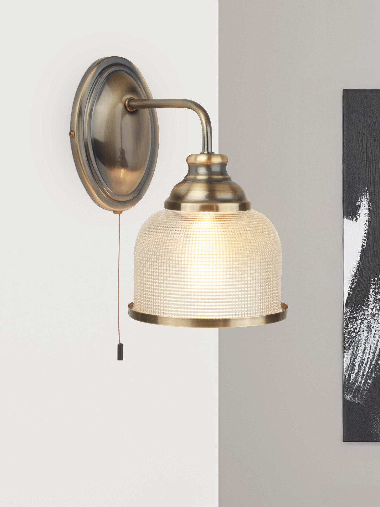 Searchlight Electric Bistro II Wall Light- Antique Brass & Holophane Style Glass 2671-1AB