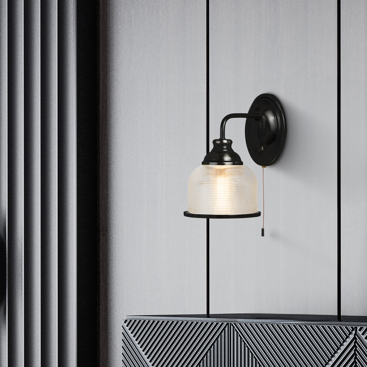 Searchlight Electric Highworth Wall Light- Matt Black Metal,Holophane Style Glass 2671-1BK
