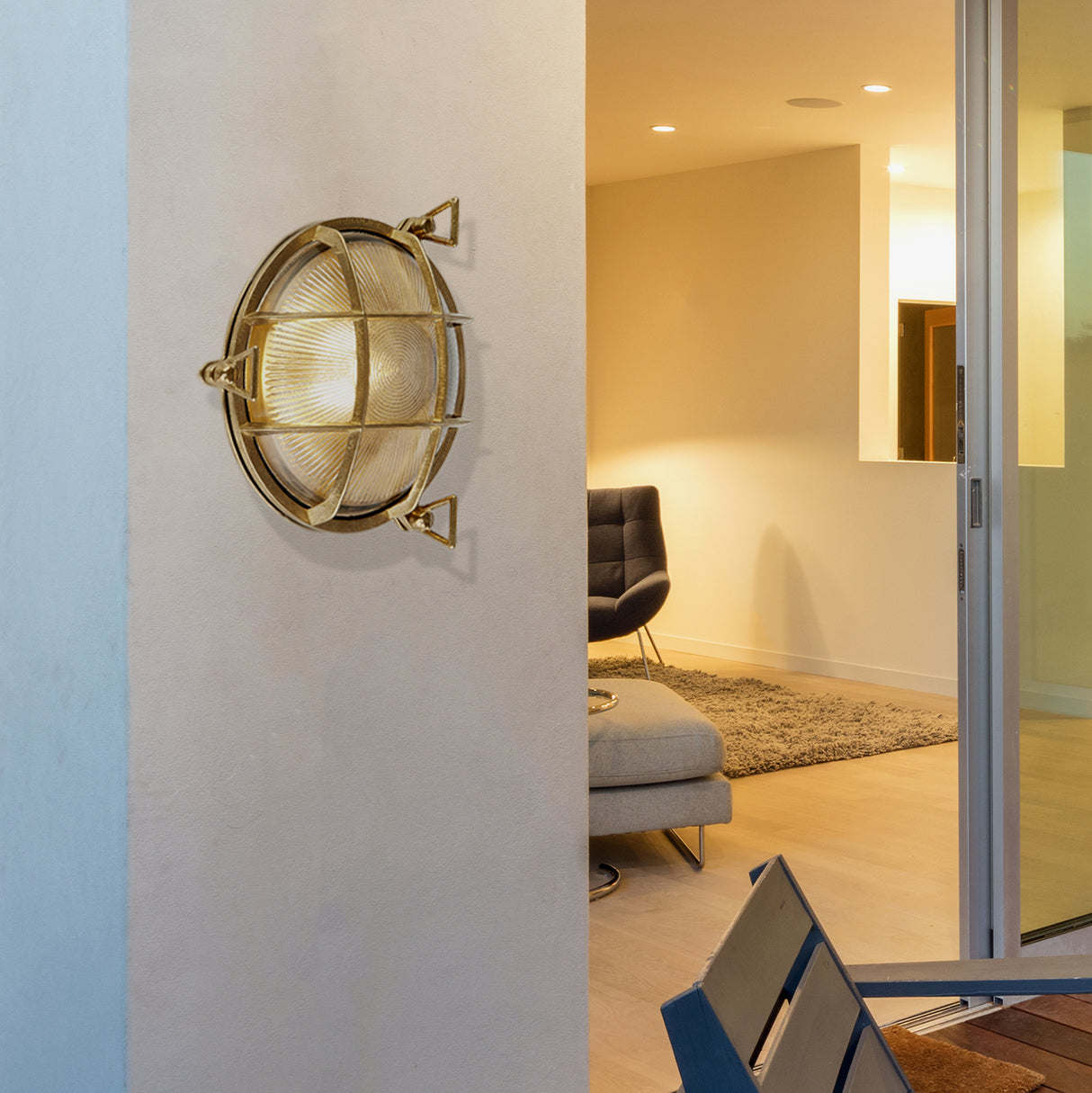 Searchlight Electric Bulkhead Round Outdoor Light - Solid Brass & Ribbed Glass 30361PB