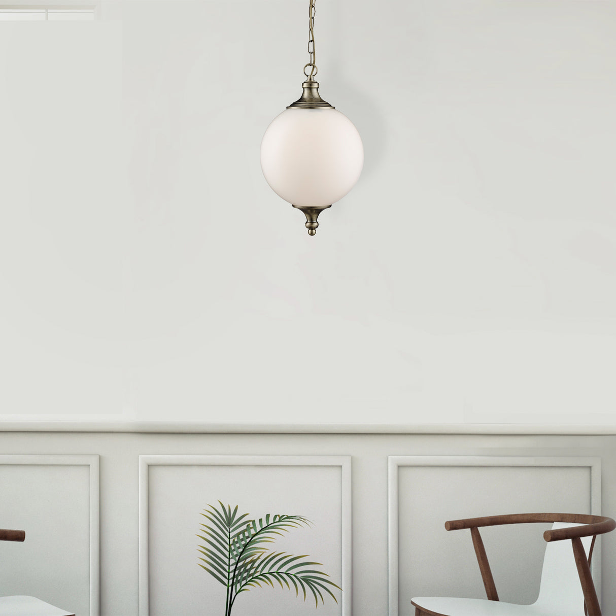 Searchlight Electric Vulcan Pendant - Antique Brass Metal & Opal Glass 3051AB