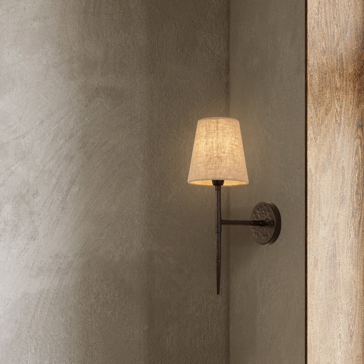 Searchlight Electric Gothic Wall Light - Hammered Black Metal & Natural Linen 30690-1BK