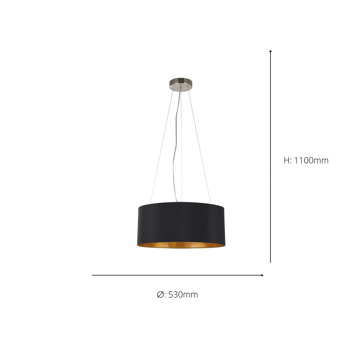 Eglo EU MASERLO Pendant Light – Satin Nickel Steel with Black & Gold Fabric Shade, Large, E27, Indoor Lighting