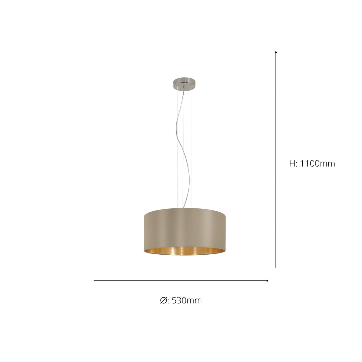 Eglo EU MASERLO Pendant Light – Satin Nickel Steel with Taupe & Gold Fabric Shade, Large, E27, Indoor Lighting