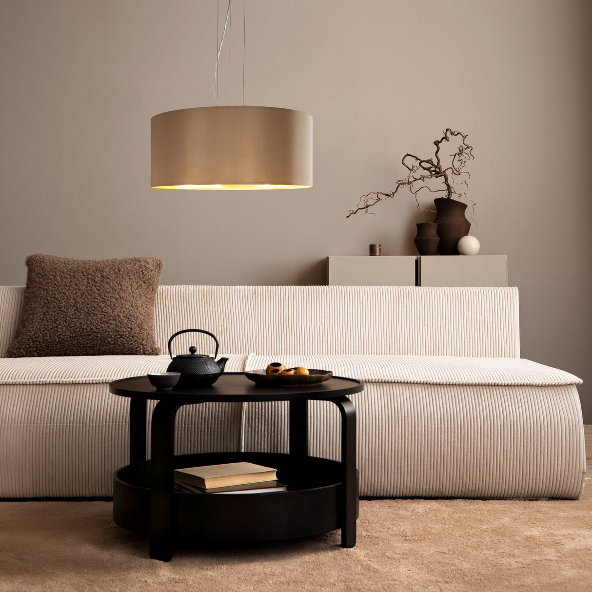 Eglo EU MASERLO Pendant Light – Satin Nickel Steel with Cappuccino & Gold Fabric Shade, Large, E27, Indoor Lighting