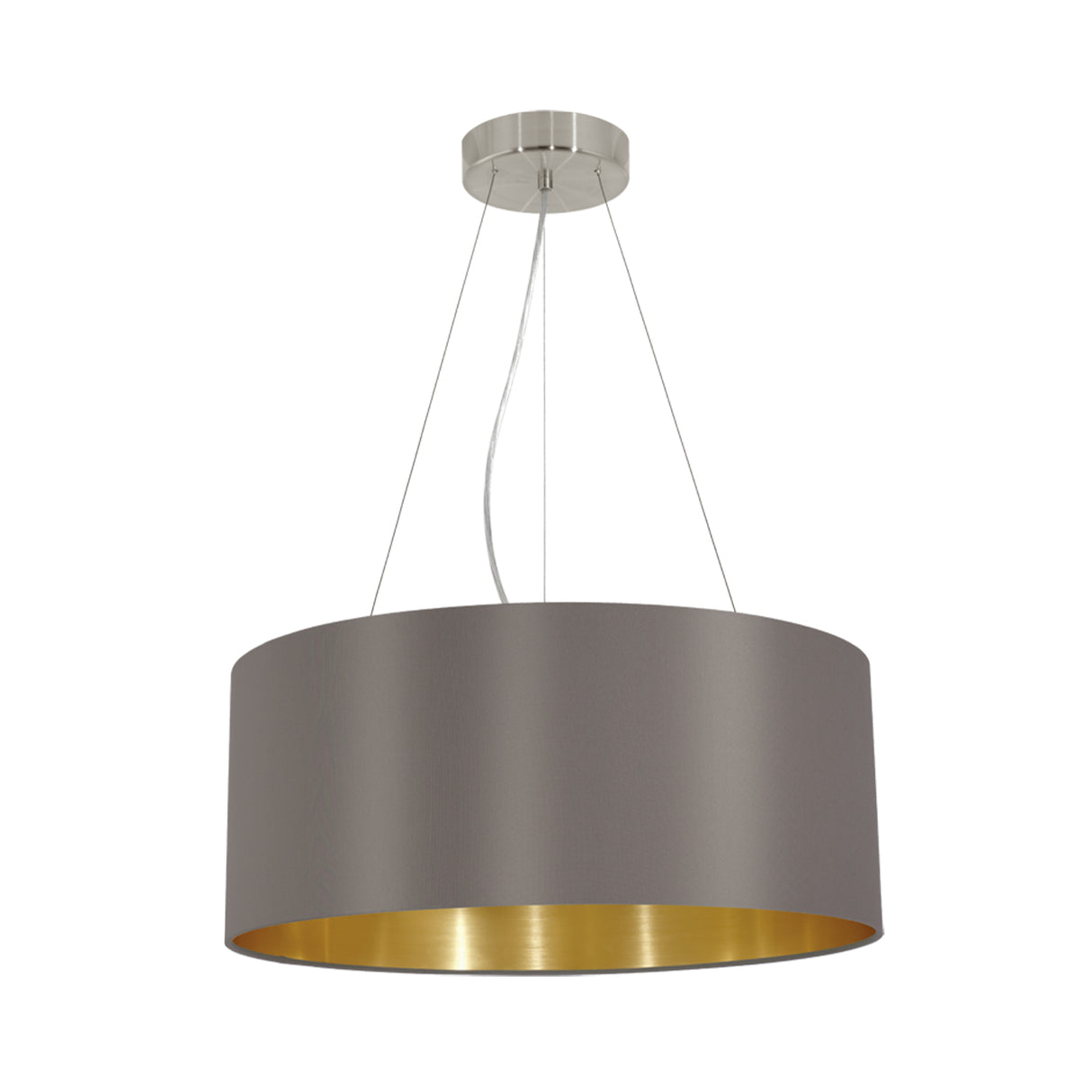 Eglo EU MASERLO Pendant Light – Satin Nickel Steel with Cappuccino & Gold Fabric Shade, Large, E27, Indoor Lighting