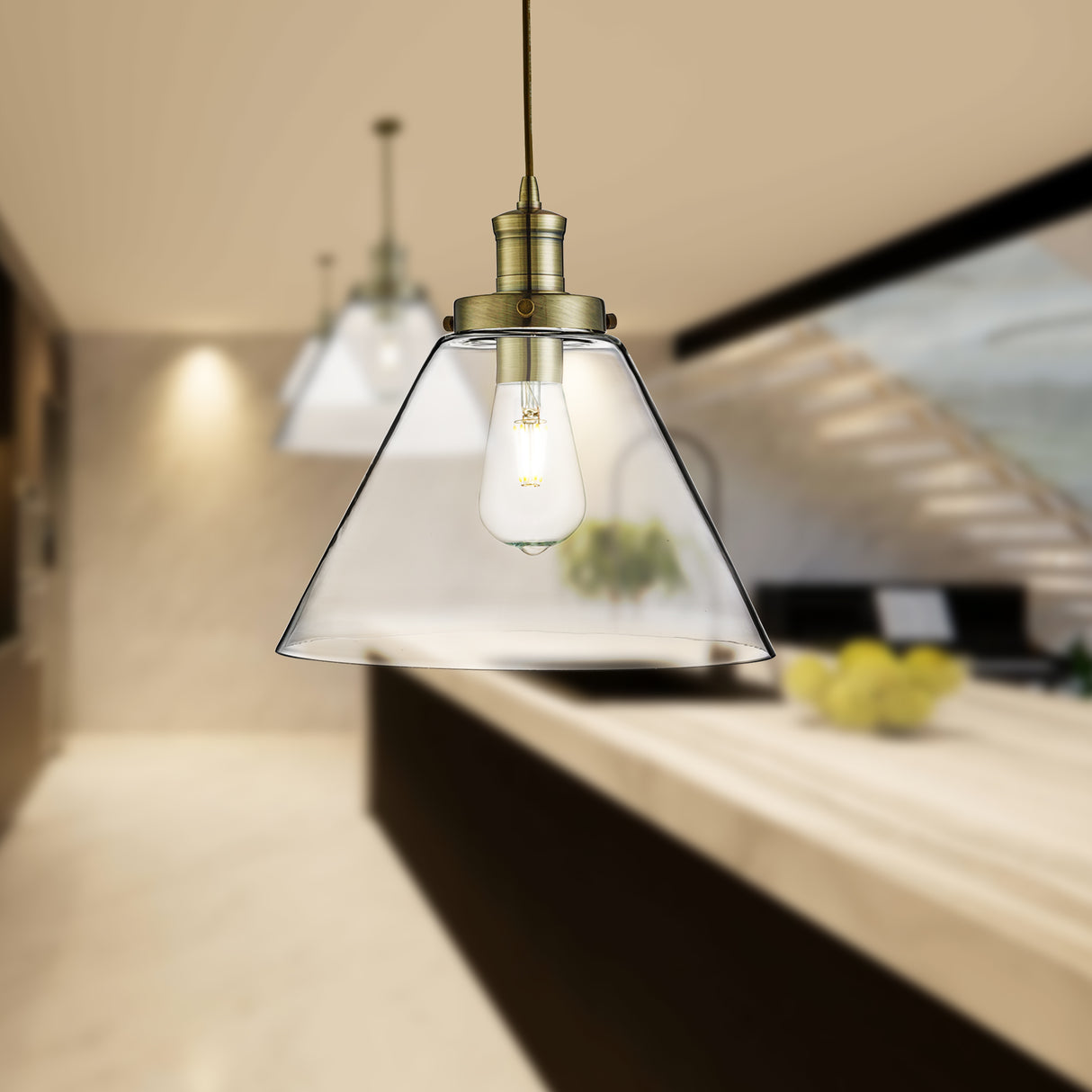 Searchlight Electric Pyramid Pendant - Antique Brass Metal & Glass 3228AB