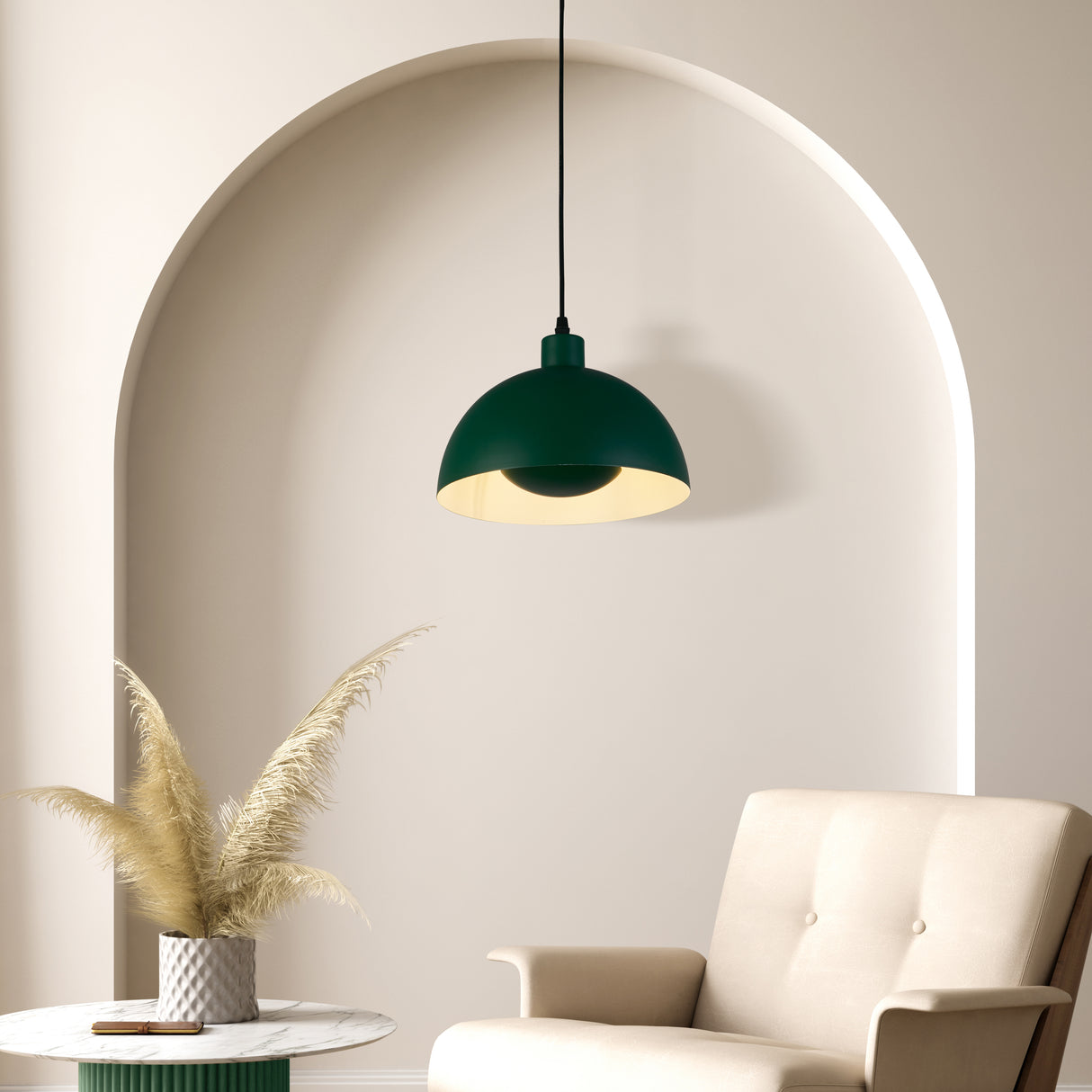 Searchlight Electric Mars 1LT Pendant, Matt Green Metal & Cream Inner 40cm 35411GR