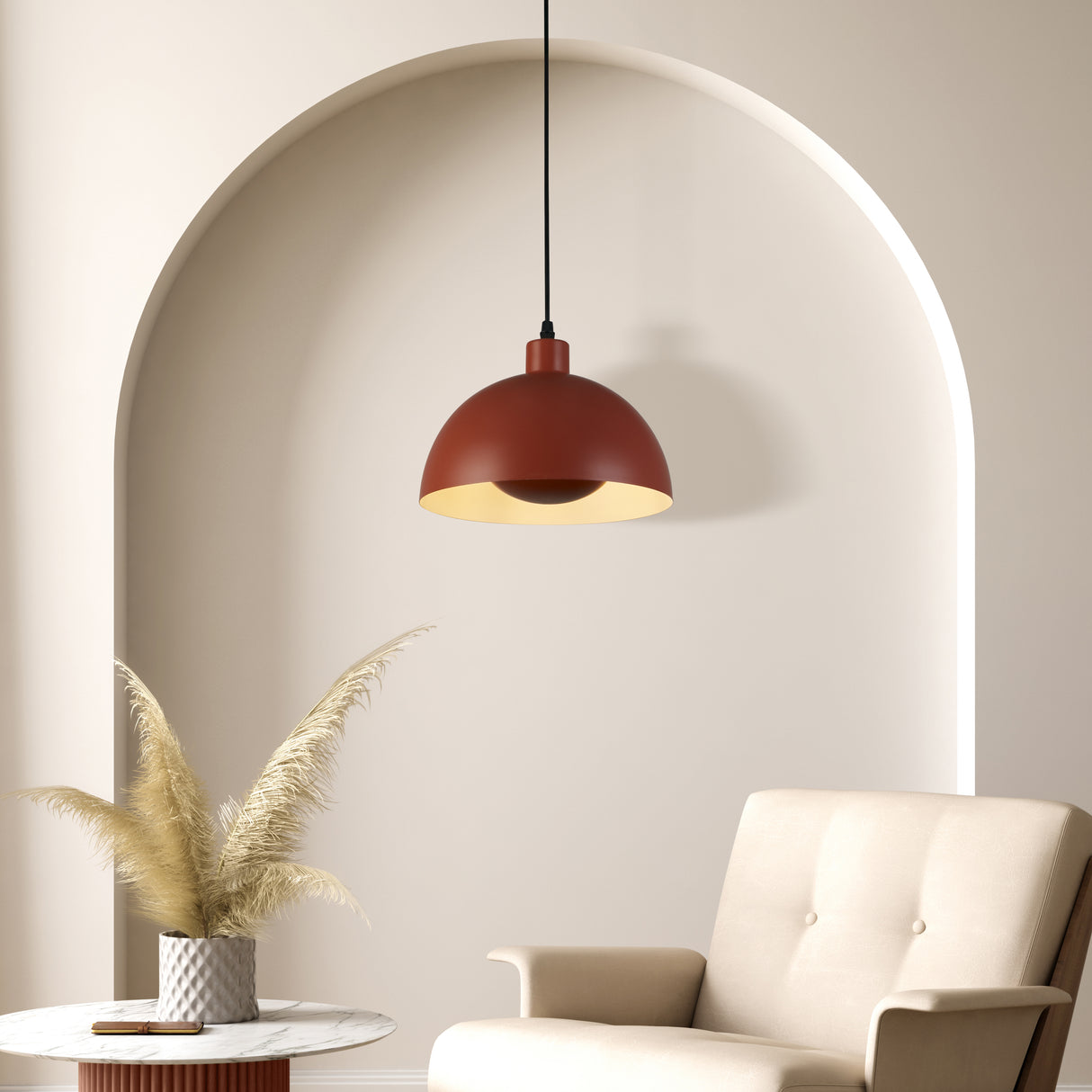 Searchlight Electric Mars 1LT Pendant, Burnt Orange Metal & Cream Inner 40cm 35411OR