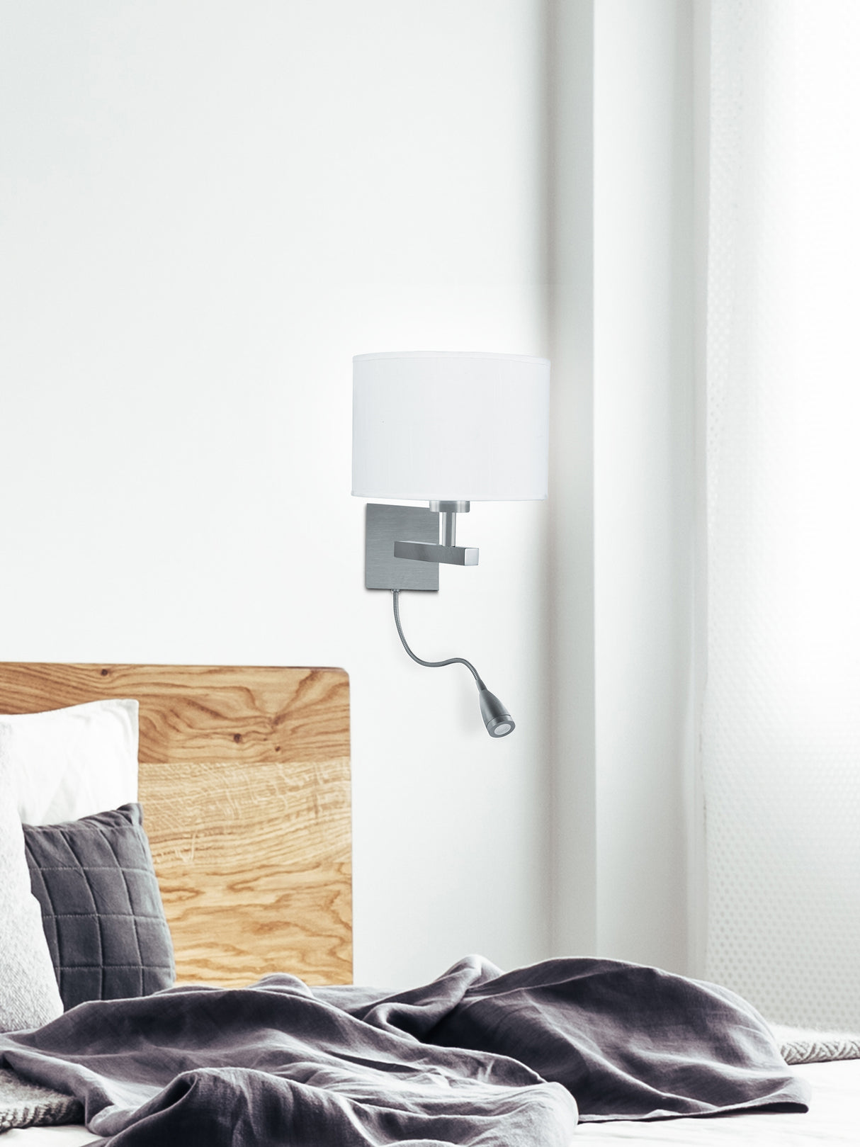 Searchlight Electric Hotel LED Dual Arm Wall Light - Satin Silver & Fabric Shade 3550SS
