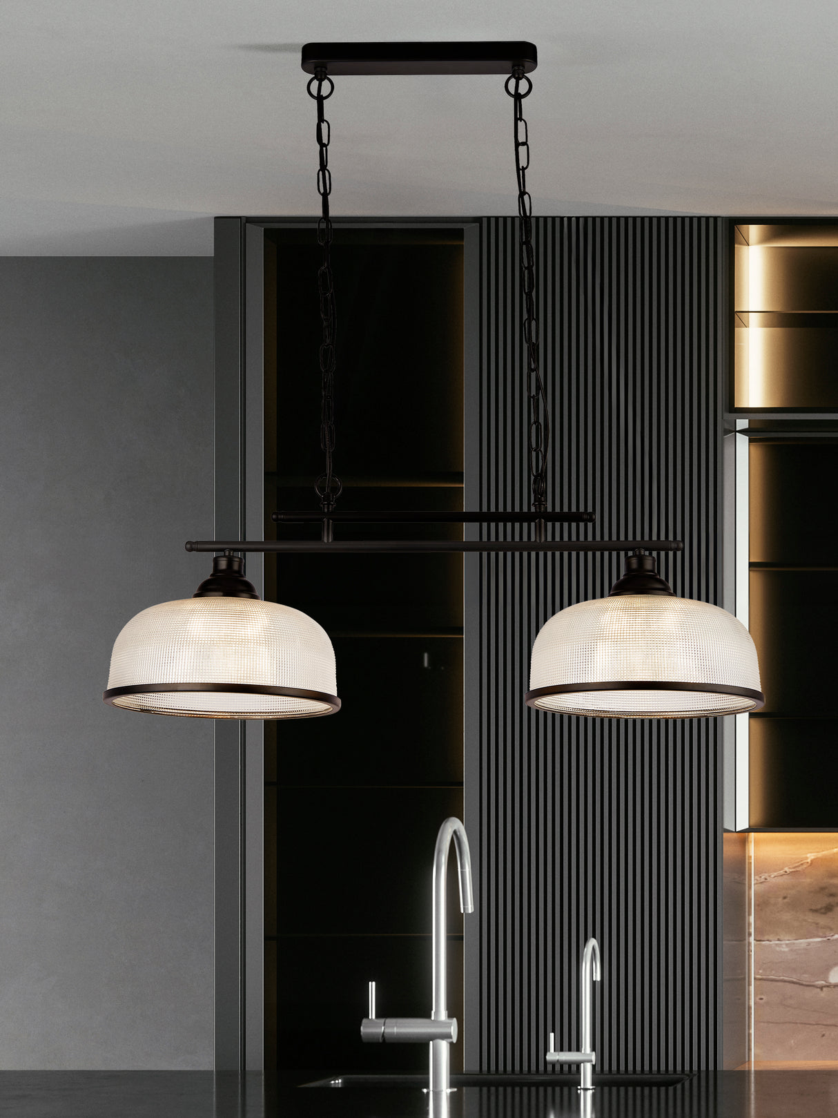 Searchlight Electric Highworth 2Lt Pendant - Black Metal & Holophane Style Glass 3592-2BK