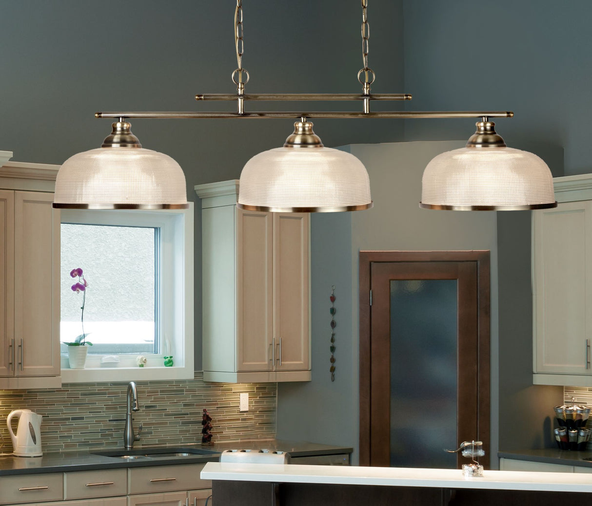 Searchlight Electric Bistro II 3Lt Pendant-Antique Brass & Holophane Style Glass 3593-3AB