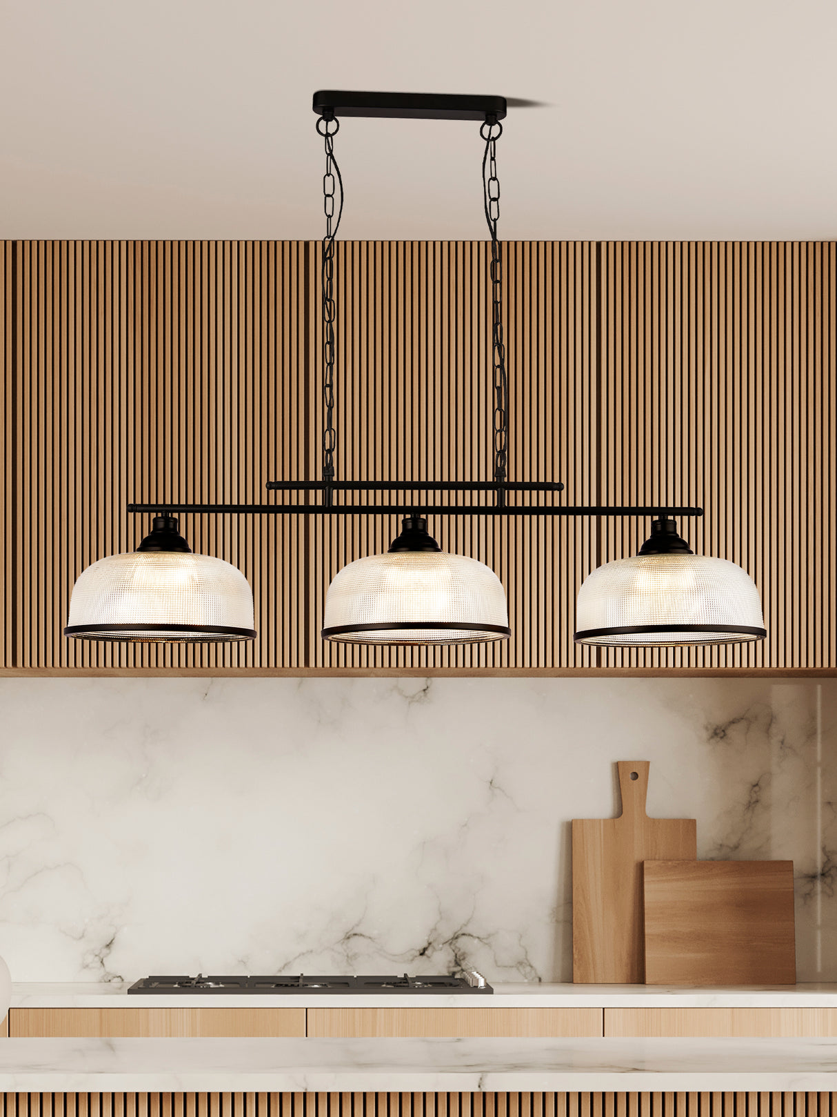 Searchlight Electric Highworth 3Lt Pendant - Black Metal & Holophane Style Glass 3593-3BK