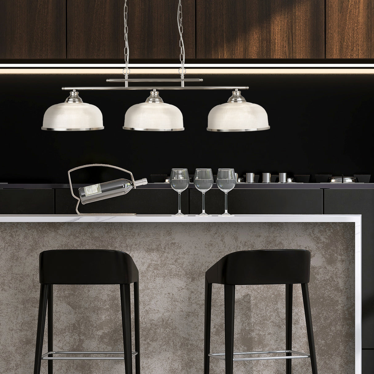 Searchlight Electric Bistro II 3Lt Pendant - Satin Silver & Holophane Style Glass 3593-3SS