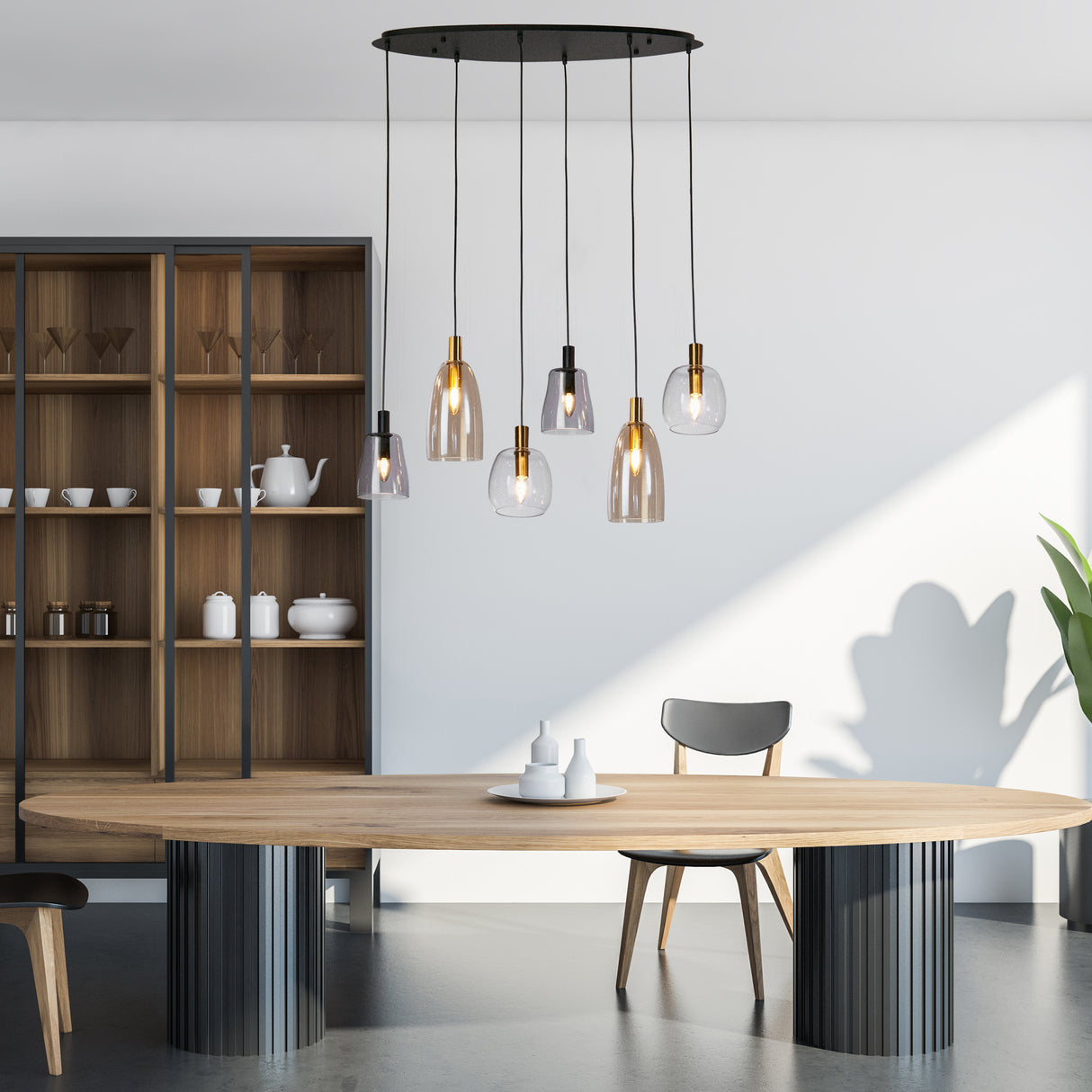 Searchlight Electric Divine 6Lt Multi-Drop Pendant - Black Metal & Coloured Glass 36463-6BK