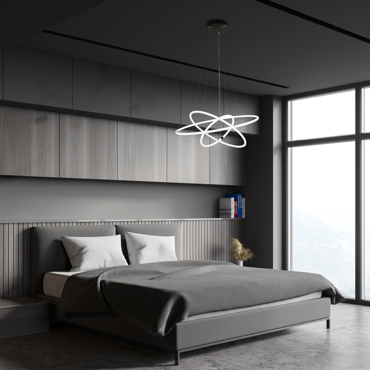Searchlight Electric Revolve 3Lt Ring Pendant - Black Metal & Opal Tubes 40176-3BK