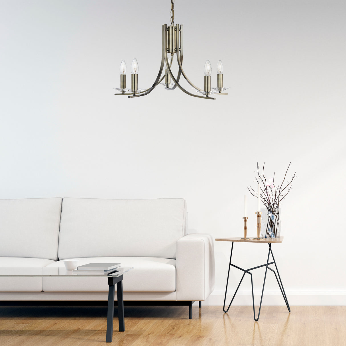 Searchlight Electric Ascona 5Lt Pendant - Antique Brass Metal & Glass 4165-5AB