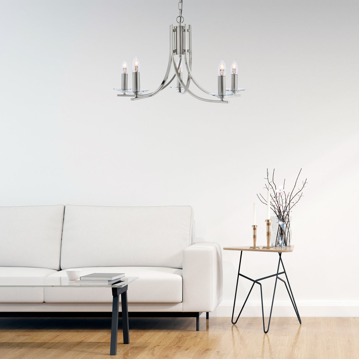 Searchlight Electric Ascona 5Lt Pendant - Satin Silver & Clear Glass Sconces 4165-5SS
