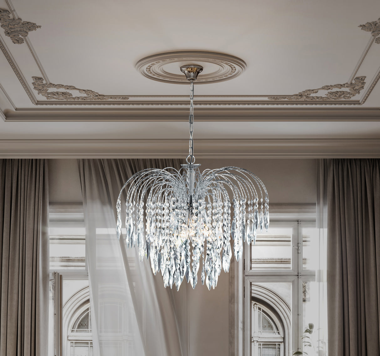 Searchlight Electric Waterfall 5Lt Pendant - Chrome Metal & Crystal 4175-5