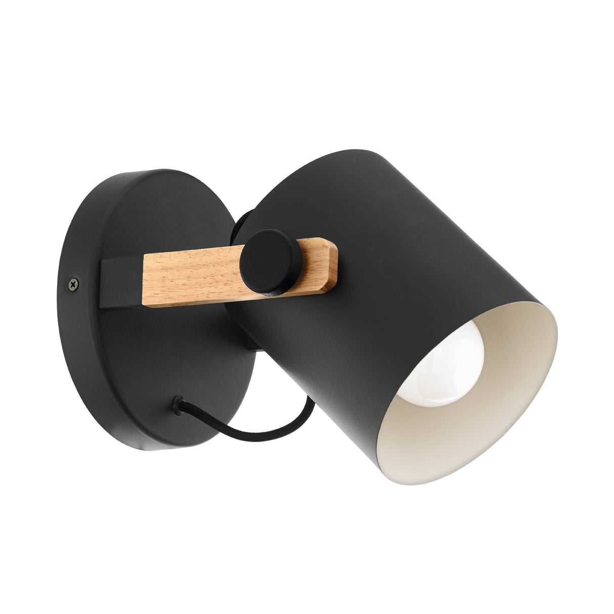 Eglo EU Hornwood Black/Natural Metal & Wood Spot Wall Light - Modern Fixture (D) 17cm
