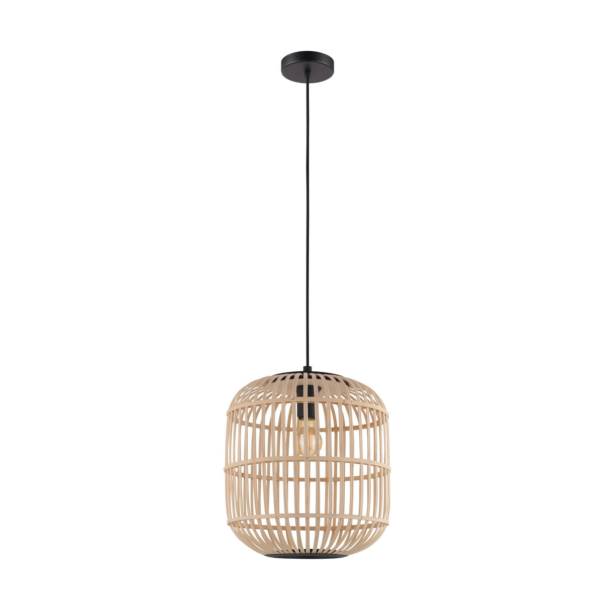 Eglo EU Bordesley Natural Bamboo and Black Metal Single Pendant Light (D) 35cm