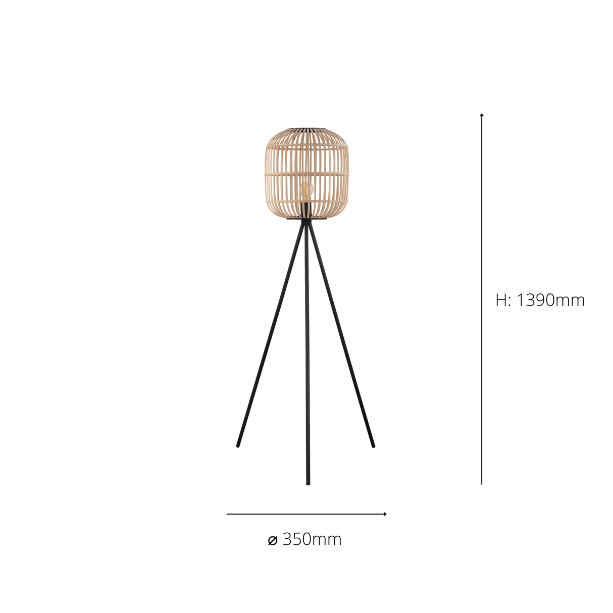 Eglo EU Bordesley Natural Wood and Black Metal Tripod Floor Lamp - Modern Design (D) 35cm