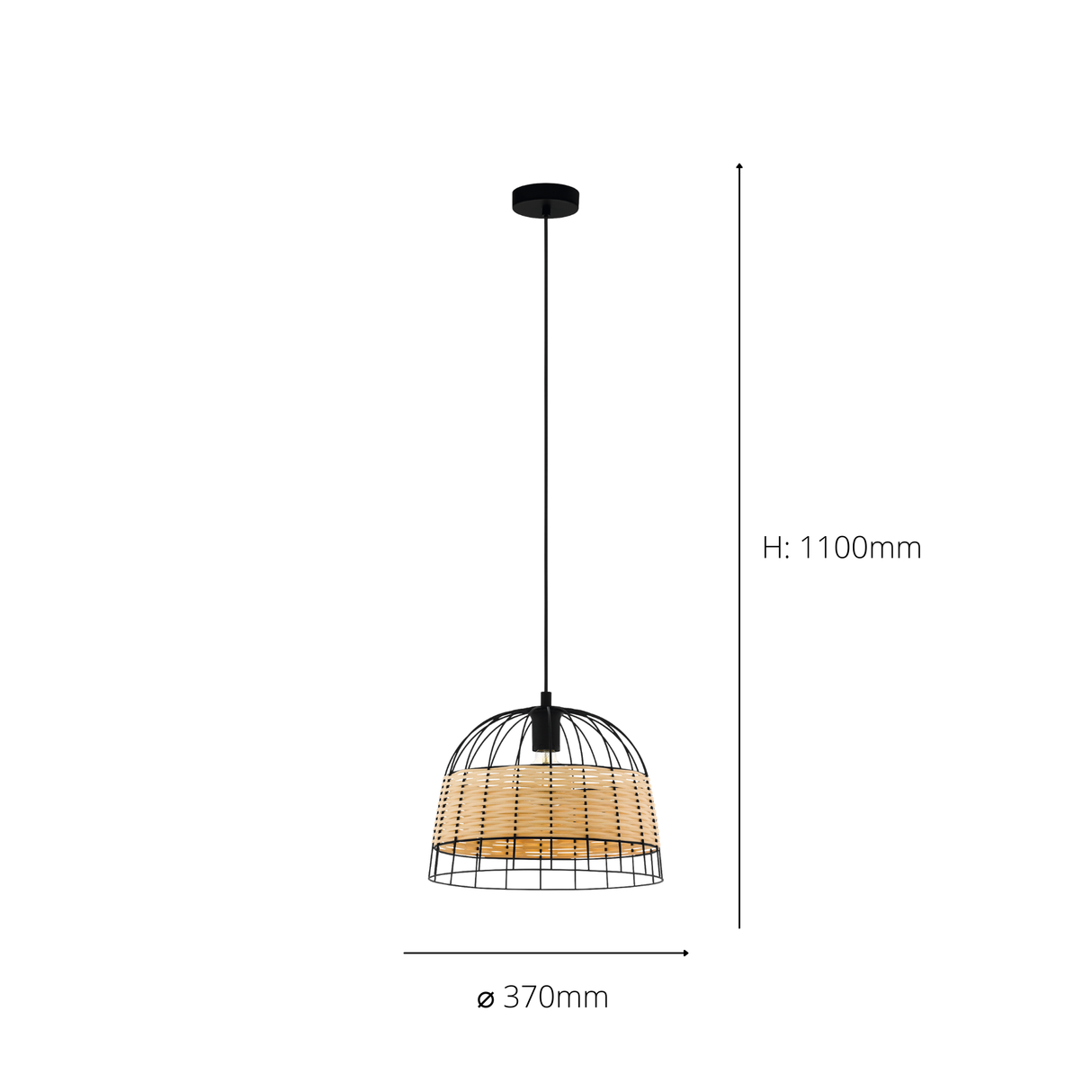 Eglo EU Anwick Black Metal And Natural Wicker Single Pendant Light Ceiling Fitting, (D) 37cm