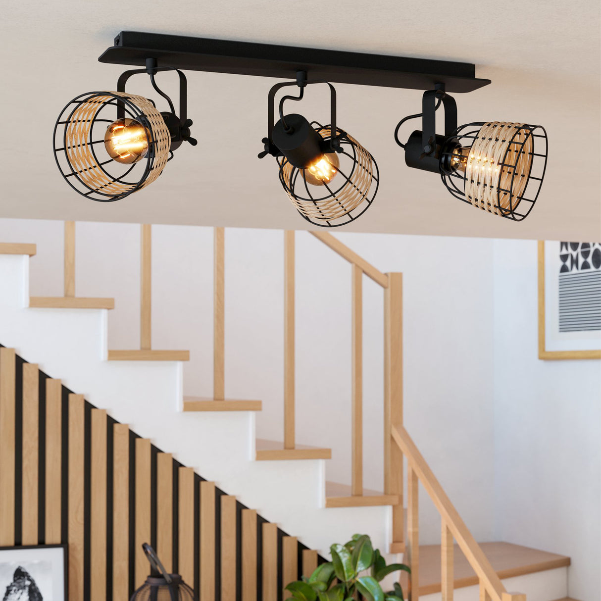 Eglo EU Vintage Anwick 1 Black/Rattan Steel 3-Light Spotlight