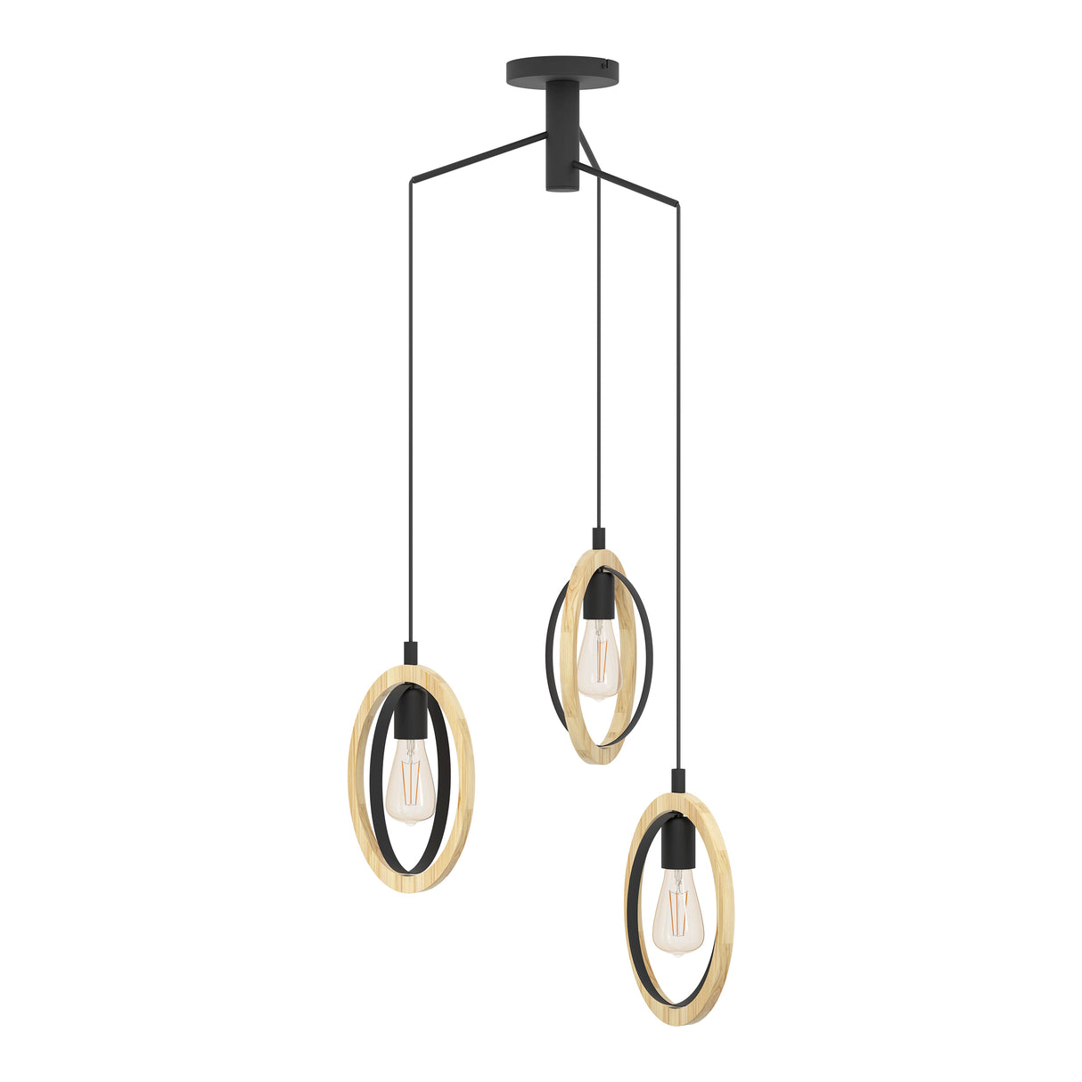 Eglo EU Basildon Black Steel & Wood Modern Unique Design 3-Light Pendant