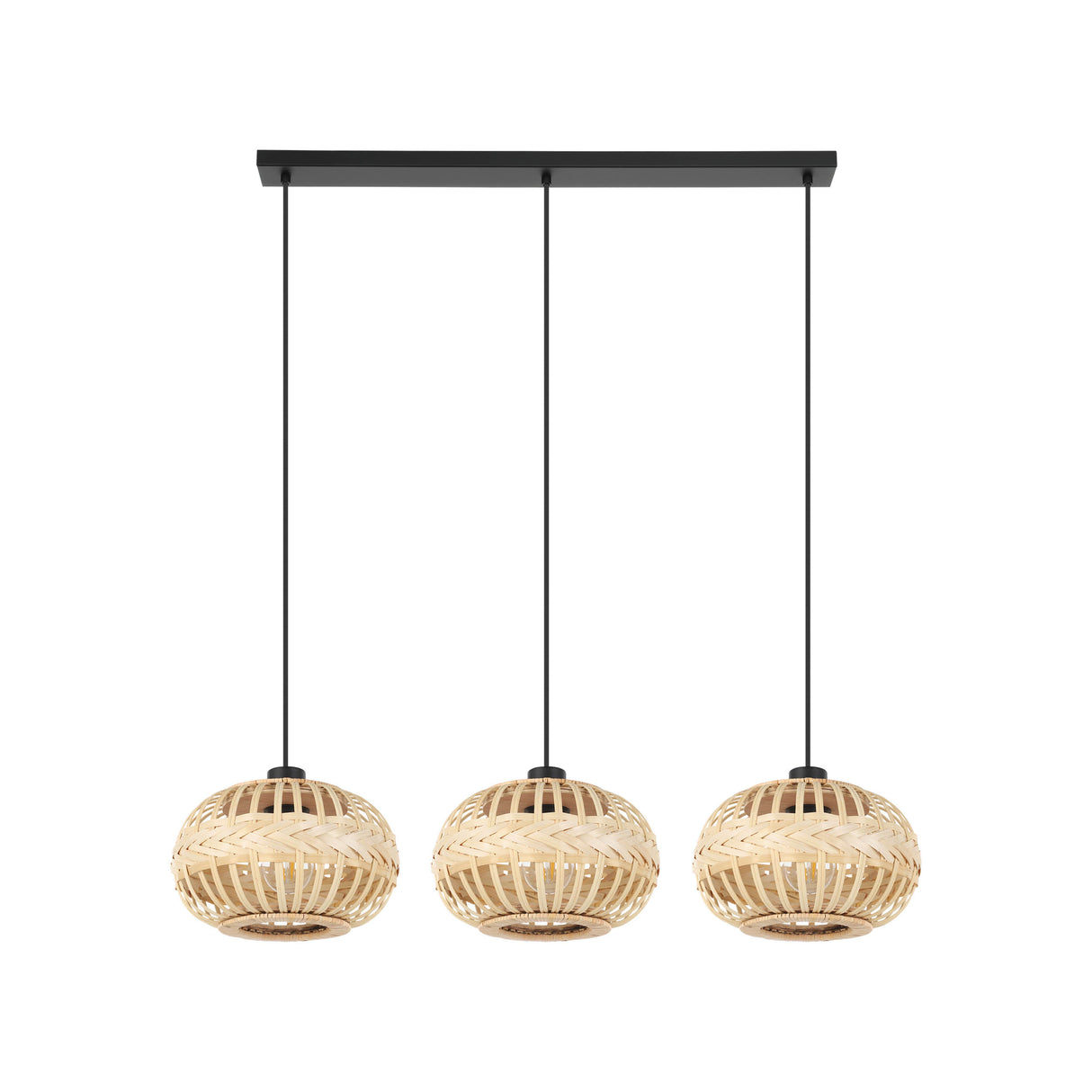 Eglo EU Amsfield 1 Three Light Pendant Natural Woven Wood Shades and Steel Mount