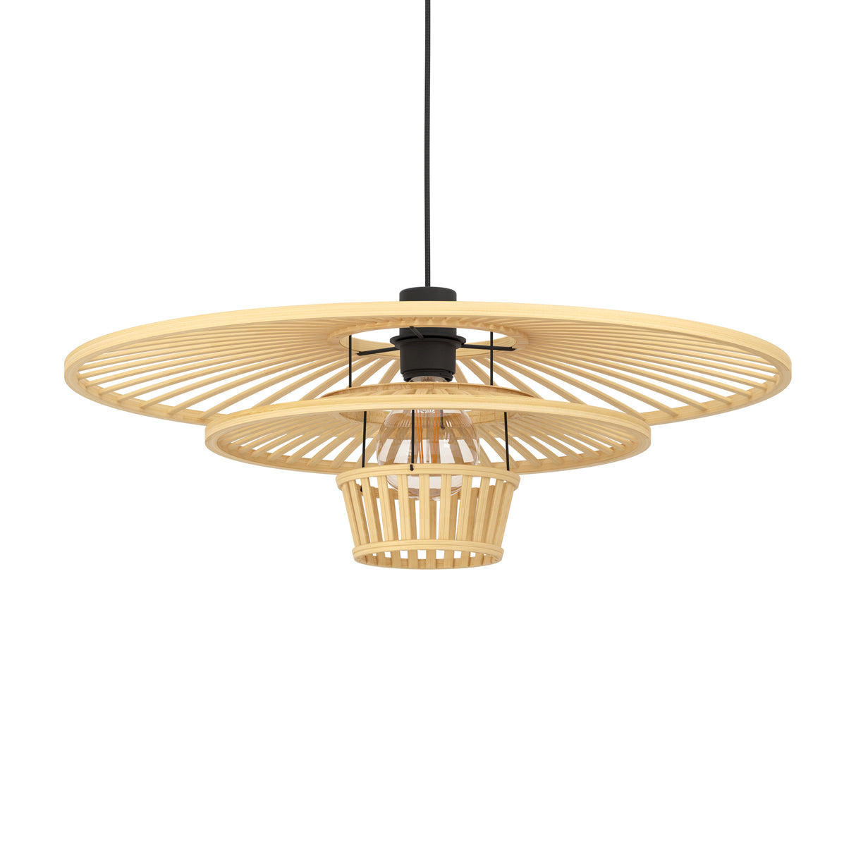 Eglo EU LYDNEY Vintage Pendant Light – 570mm Black & Wood, E27 Fitting, Textile Cable