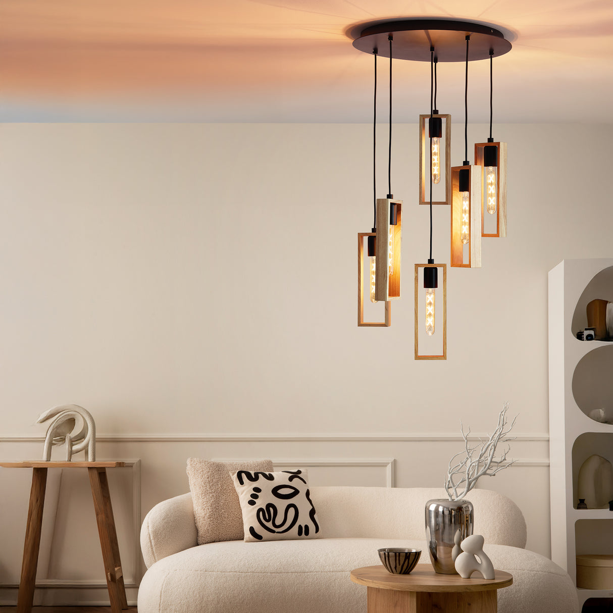 Eglo EU LITTLETON 6-Light Pendant Light – 40W, Vintage Black Steel & Wood Design, E27 Fitting, 500mm Indoor Pendant