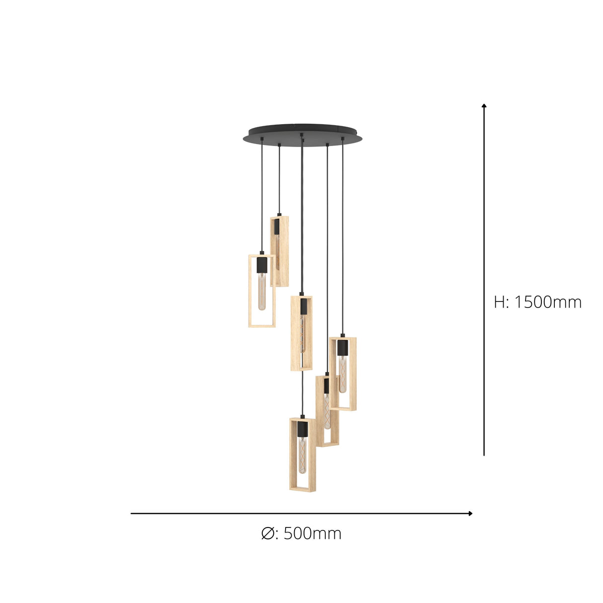 Eglo EU LITTLETON 6-Light Pendant Light – 60W, Vintage Black Steel & Wood Design, E27 Fitting, 500mm Indoor Pendant