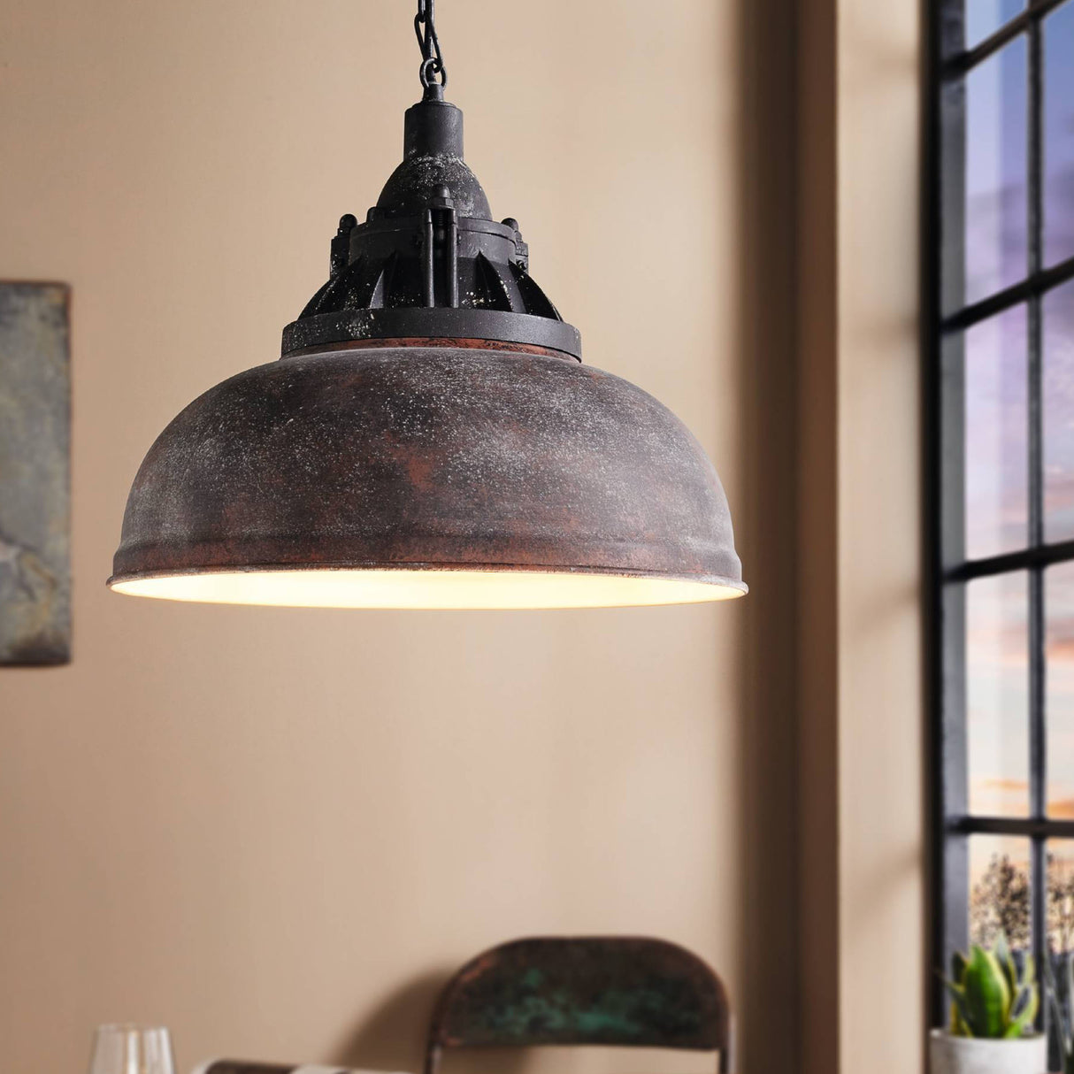 Eglo EU GRANTHAM?1 Pendant Light – Antique Brown & Beige Steel, E27, Vintage Indoor Lighting