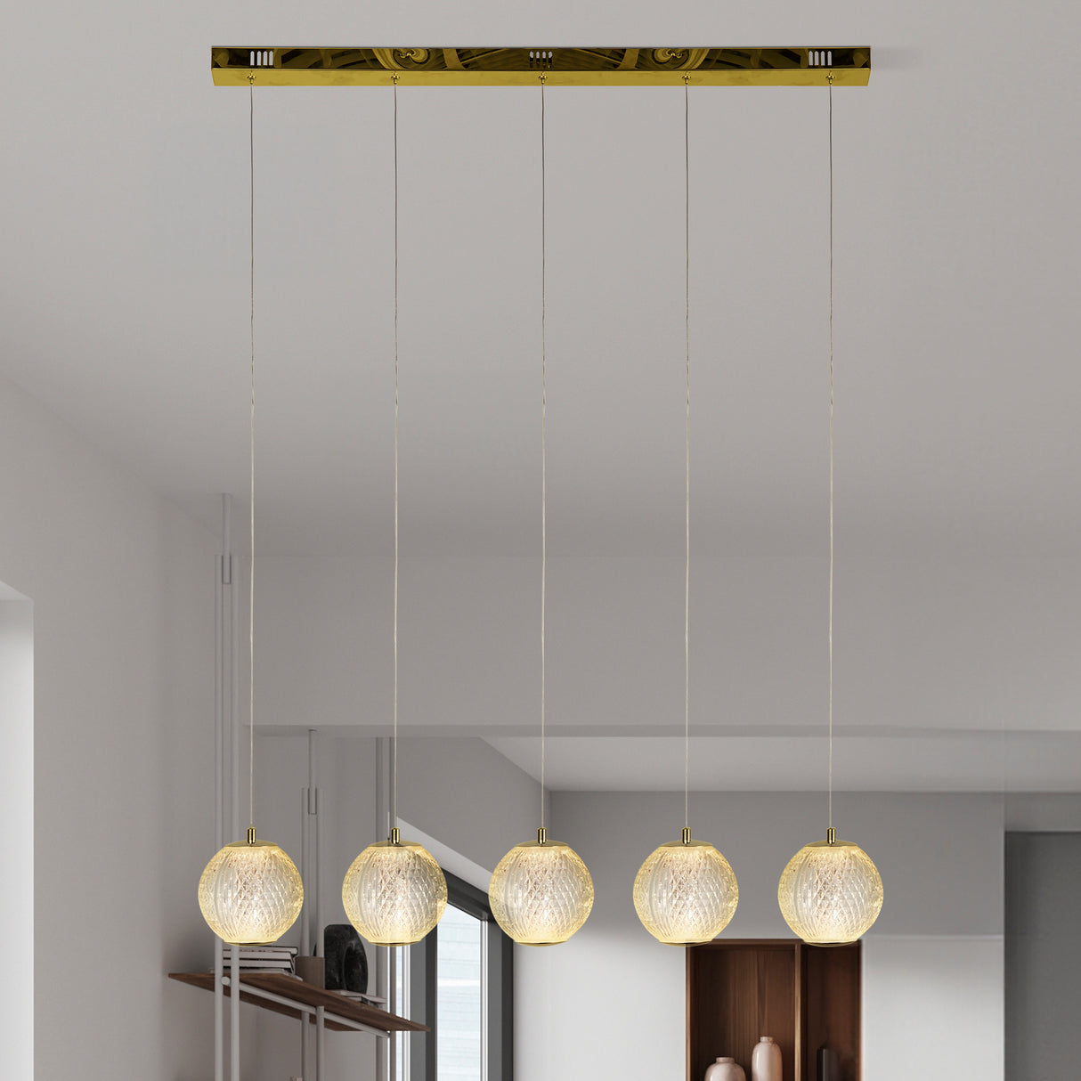 Searchlight Electric Allure 5Lt Bar Pendant - Satin Brass Metal & Clear Acrylic 51485-5SB