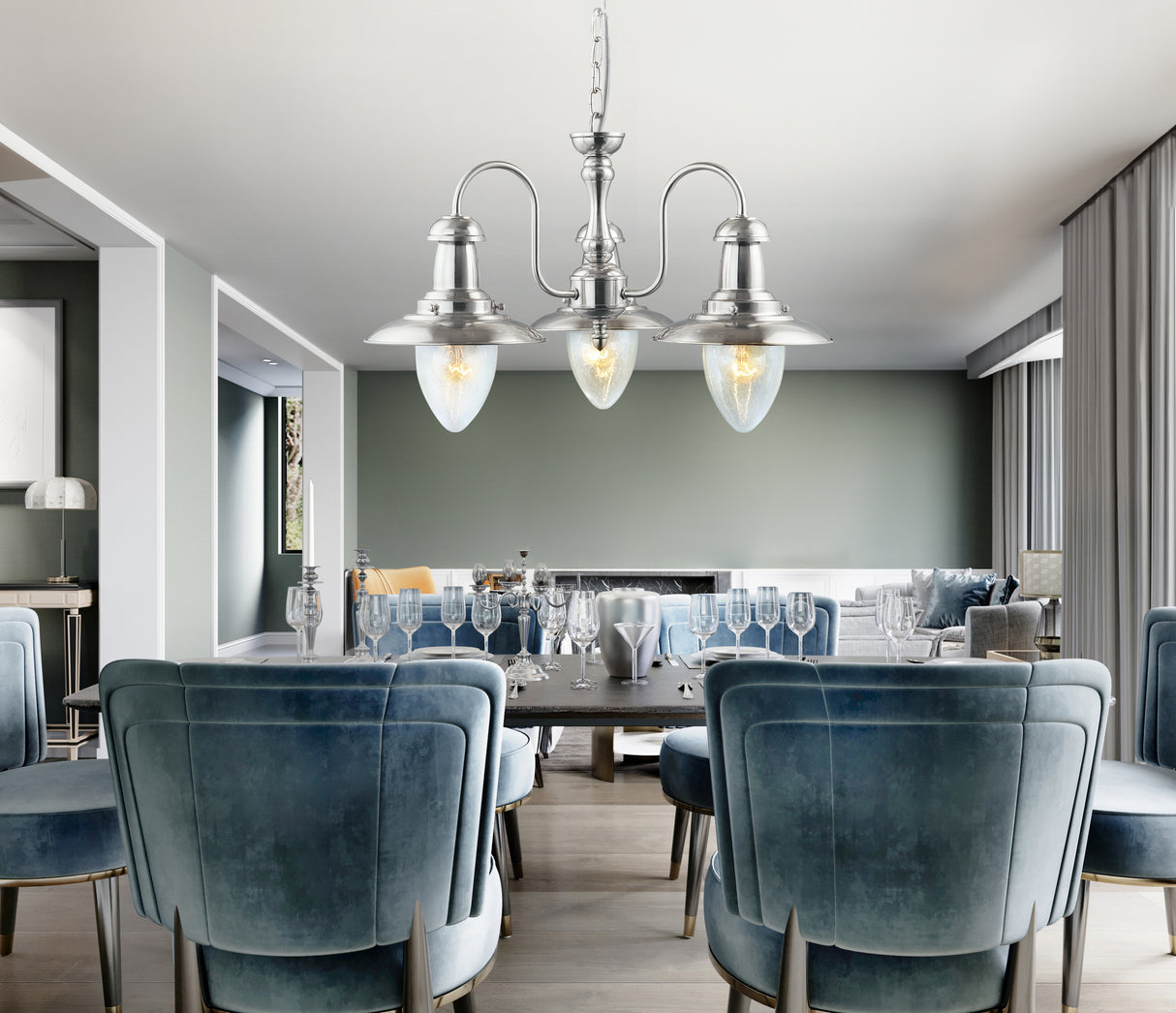 Searchlight Electric Fisherman II 3Lt Pendant - Satin Silver & Clear Seeded Glass 5333-3SS