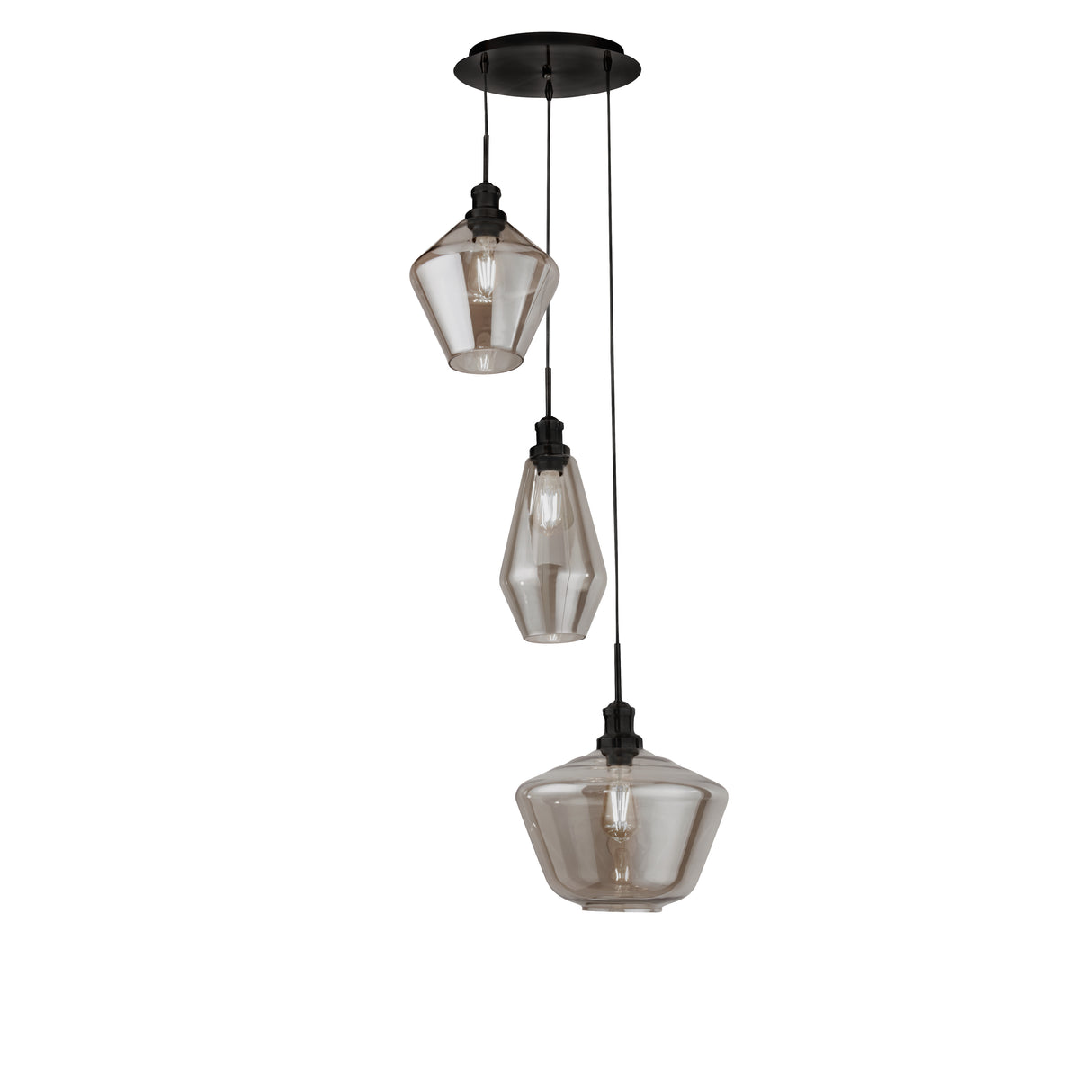 Mia 3Lt Multi-Drop Pendant - Black Metal & Smoked Glass