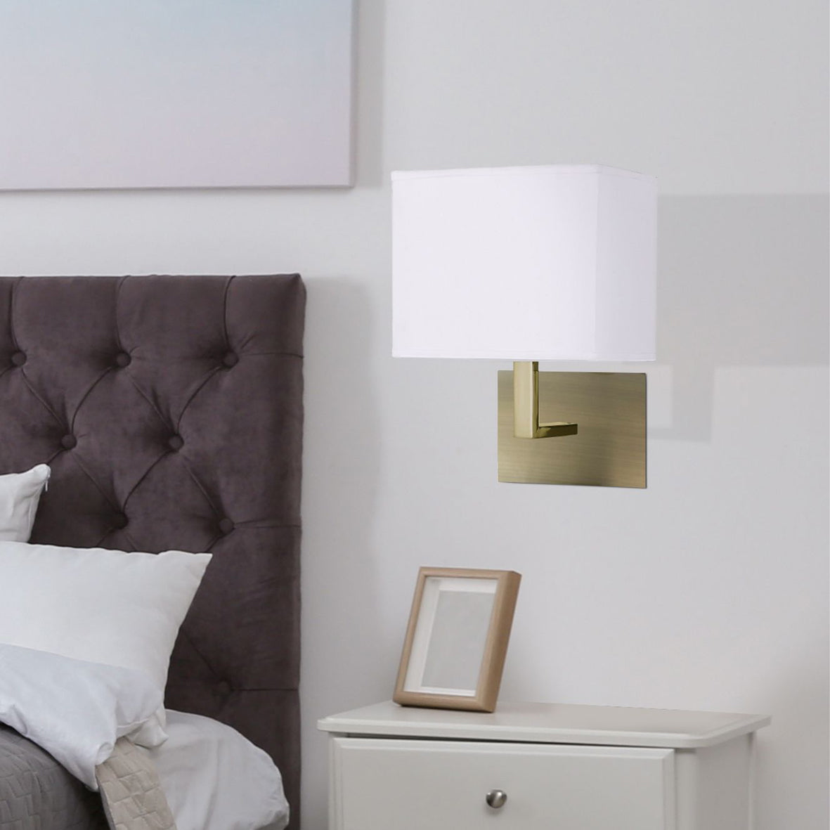 Searchlight Electric Hotel Wall Light - Antique Brass Metal & White Fabric Shade 5519AB
